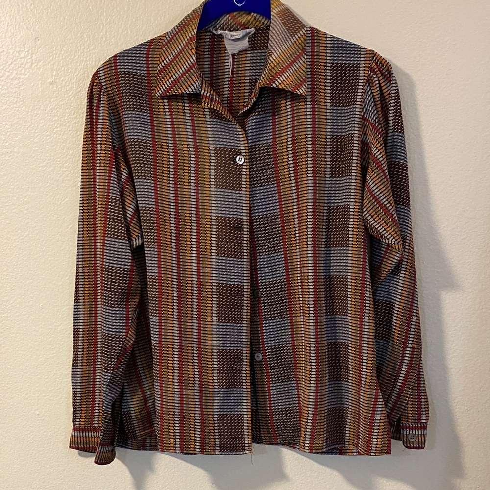 Evan Picone Women's Striped Button-Up Shirt - Brown, Red, and Gray